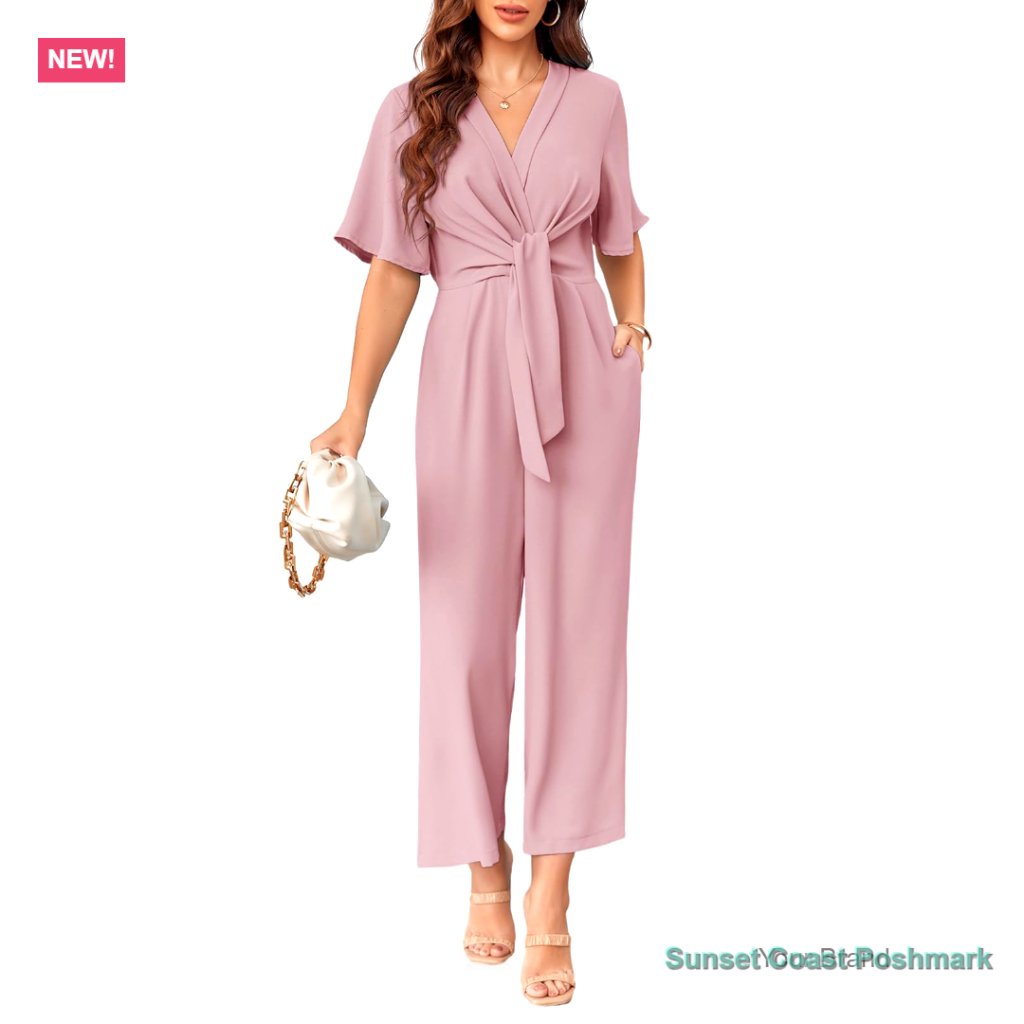 Elegant Chiffon Jumpsuit With V-Neck And Wide Leg Pants